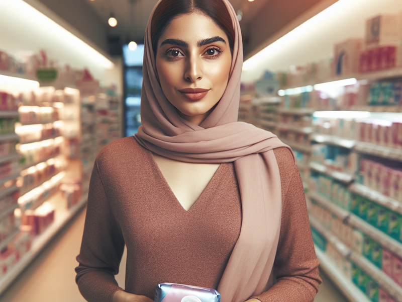 Mulher segurando absorvente Sempre Livre na farmácia