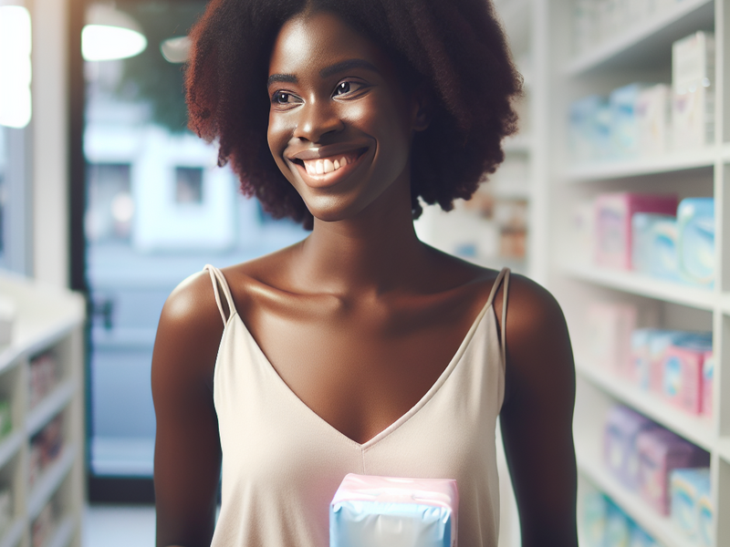 Mulher segurando absorventes sempre livre na farmácia